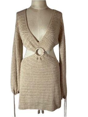 VICI Beige Crochet Cutout Mini Dress with Ring Detail Open Back Cover up Large